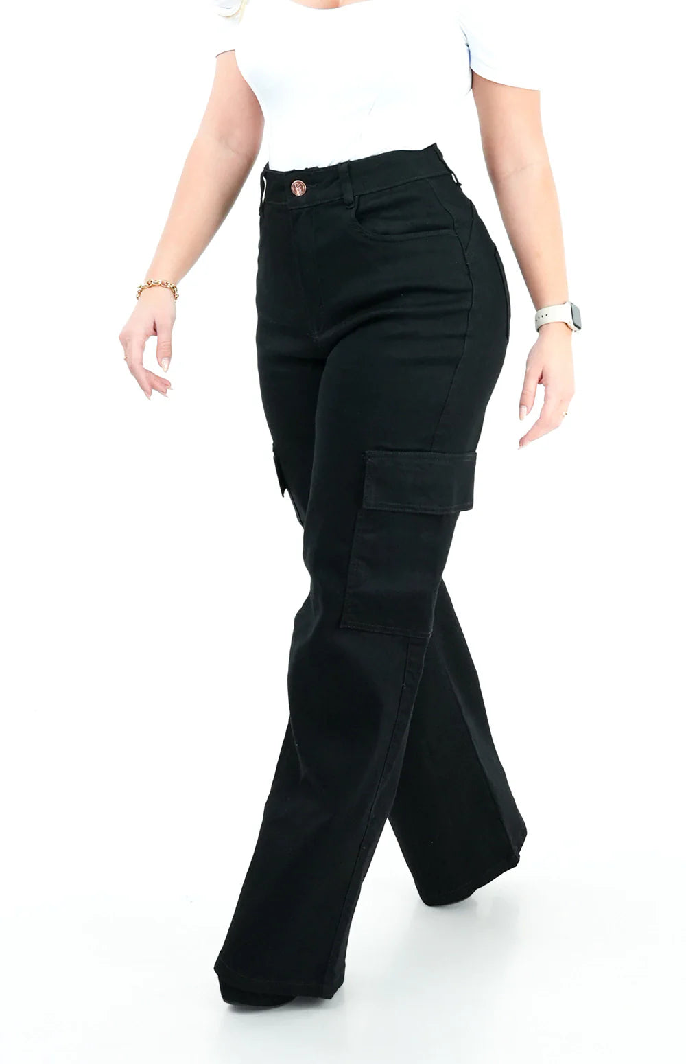 CALÇA JEANS FEMININA - WIDE LEG CARGO PRETA