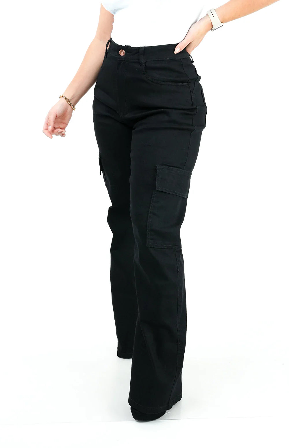 CALÇA JEANS FEMININA - WIDE LEG CARGO PRETA