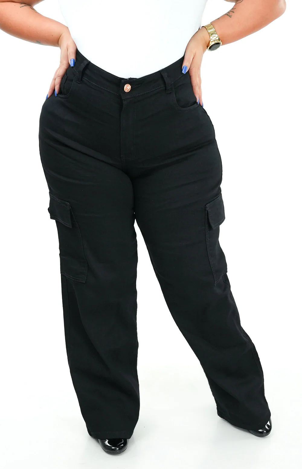 CALÇA JEANS FEMININA - WIDE LEG CARGO PRETA