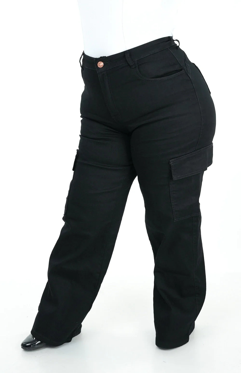 CALÇA JEANS FEMININA - WIDE LEG CARGO PRETA