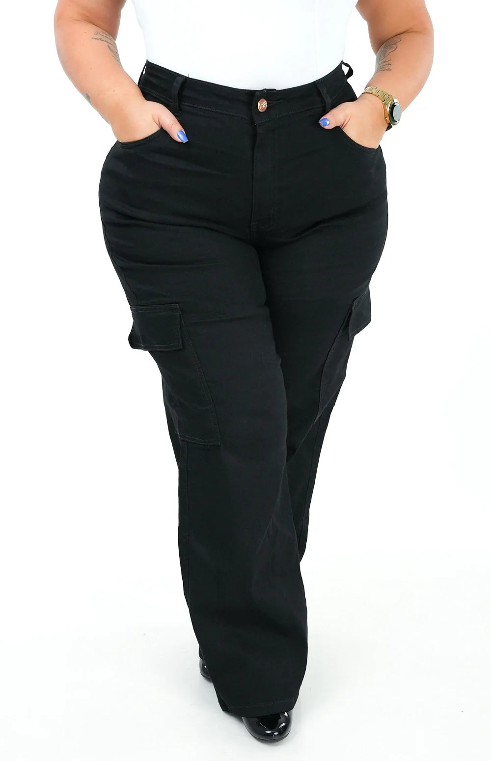 CALÇA JEANS FEMININA - WIDE LEG CARGO PRETA