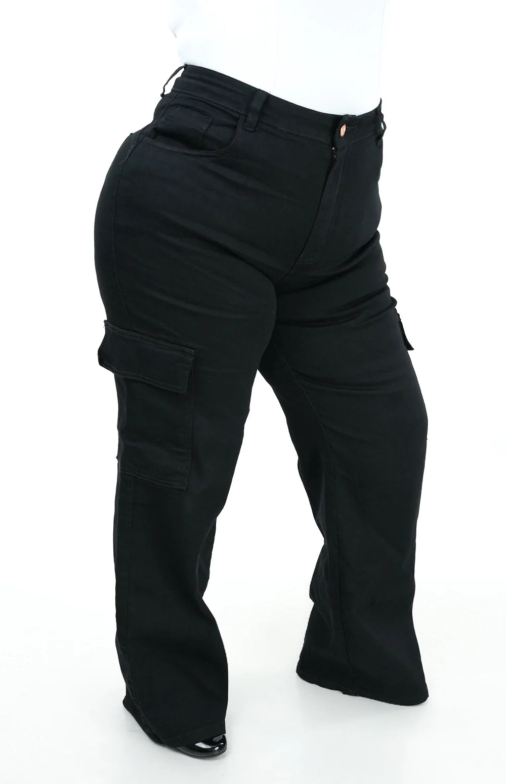 CALÇA JEANS FEMININA - WIDE LEG CARGO PRETA