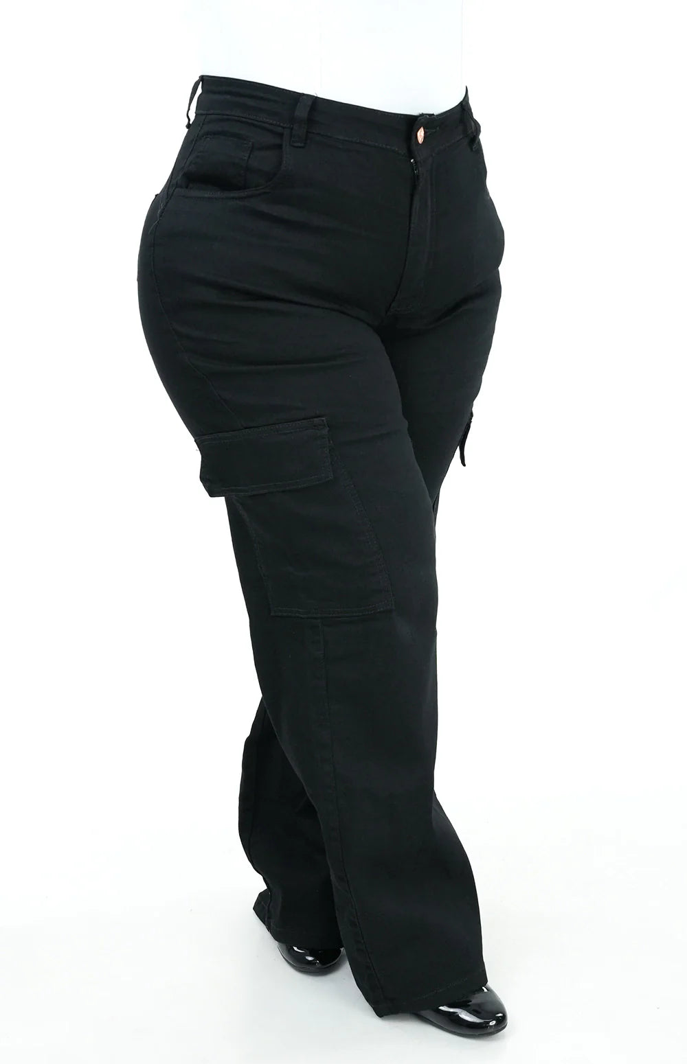 CALÇA JEANS FEMININA - WIDE LEG CARGO PRETA