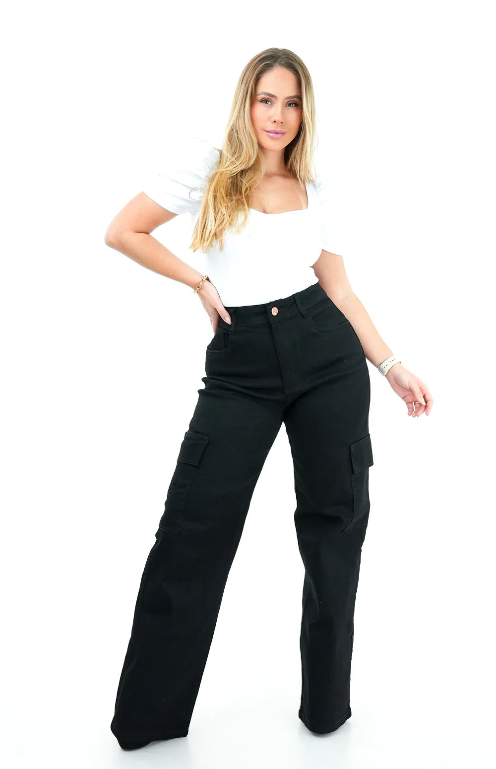 CALÇA JEANS FEMININA - WIDE LEG CARGO PRETA