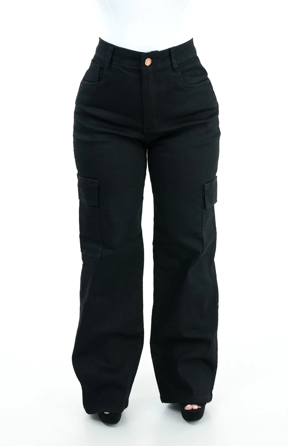 CALÇA JEANS FEMININA - WIDE LEG CARGO PRETA