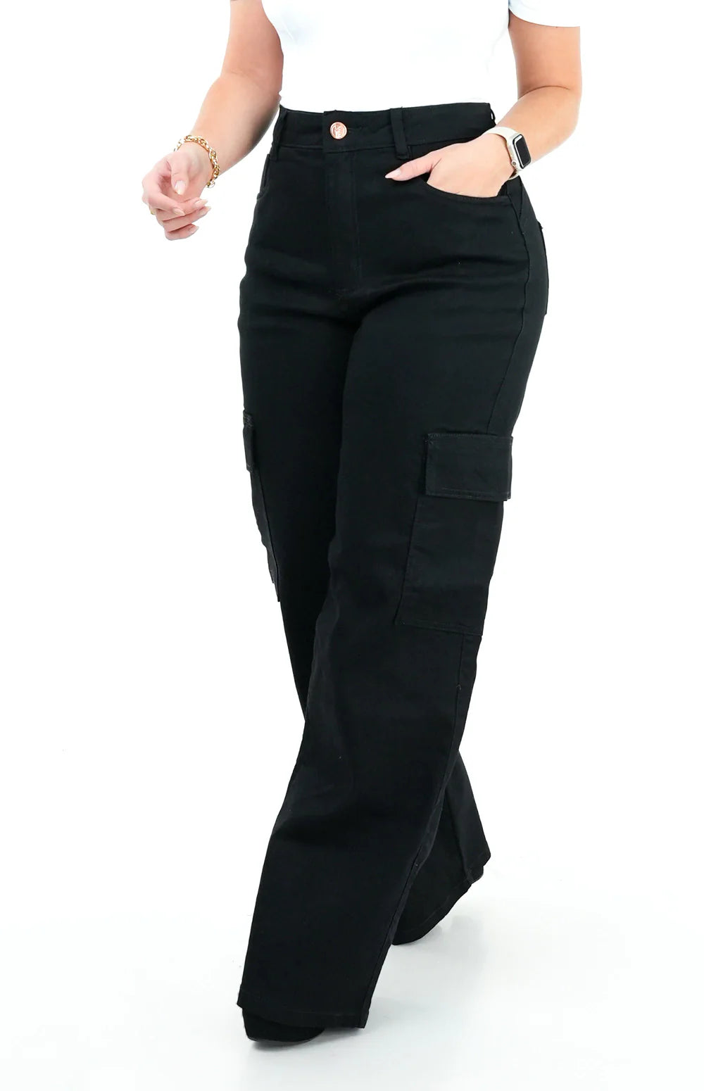CALÇA JEANS FEMININA - WIDE LEG CARGO PRETA
