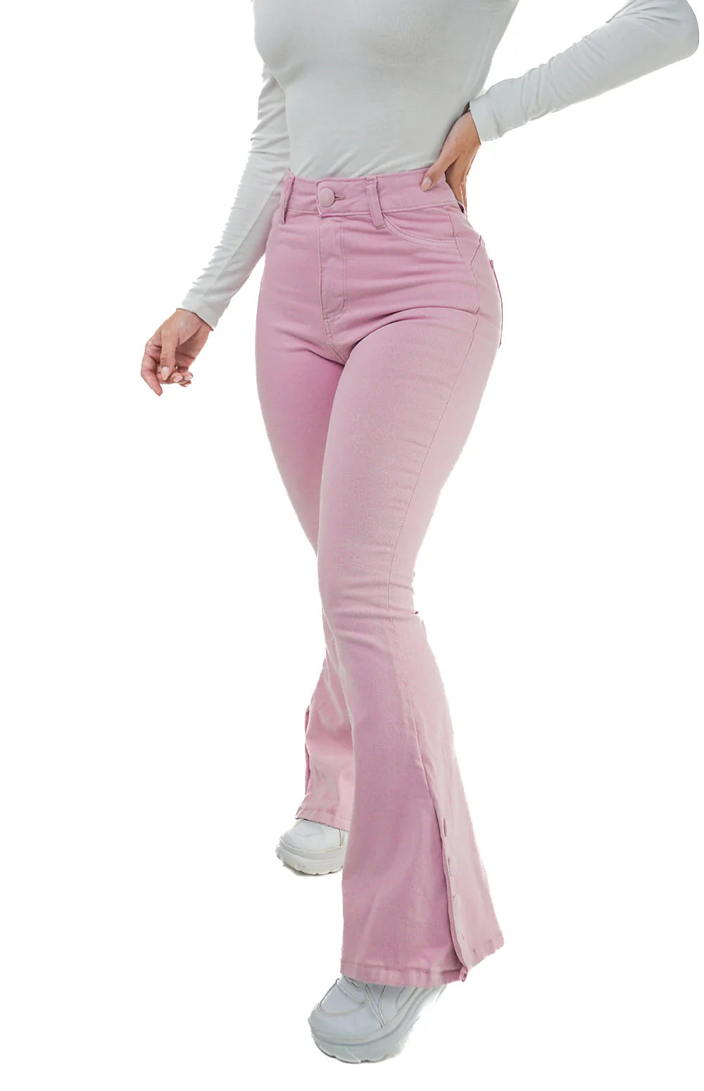 CALÇA JEANS PARA BAIXINHAS - FLARE ROSA BOTÕES FORRADOS