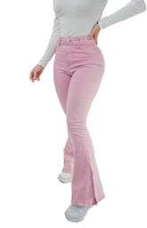 CALÇA JEANS PARA BAIXINHAS - FLARE ROSA BOTÕES FORRADOS