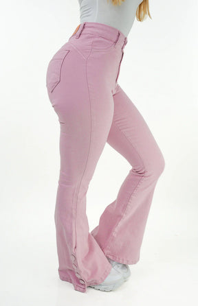 CALÇA JEANS PARA BAIXINHAS - FLARE ROSA BOTÕES FORRADOS