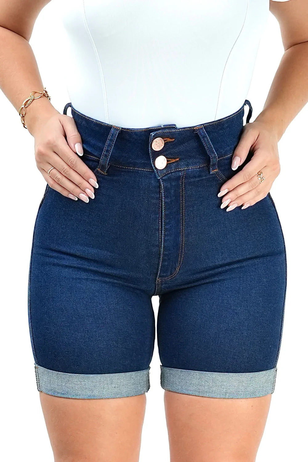 Shorts Jeans Feminino - Meia Coxa 2 Botões Índigo