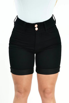 Shorts Jeans Feminino - Meia Coxa 2 Botões Preto