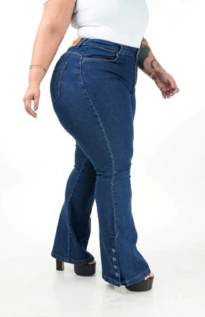 CALÇA JEANS FEMININA - FLARE BLUE BOTÕES FORRADOS