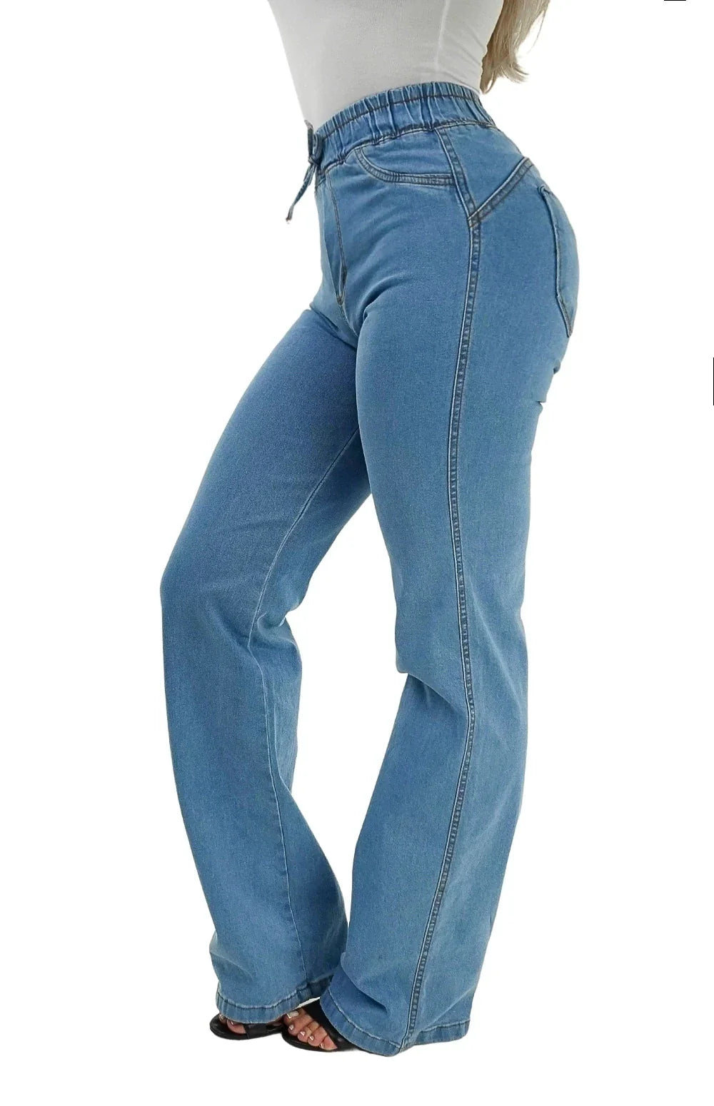 CALÇA JEANS FEMININA - WIDE LEG CINTURA ELÁSTICA PISCINE