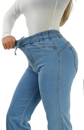 CALÇA JEANS FEMININA - WIDE LEG CINTURA ELÁSTICA PISCINE