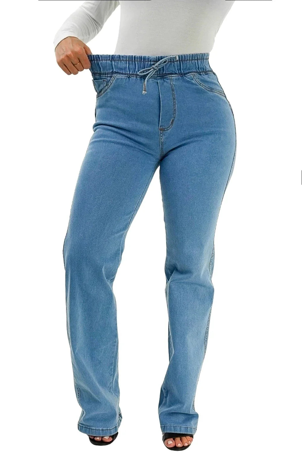 CALÇA JEANS FEMININA - WIDE LEG CINTURA ELÁSTICA PISCINE