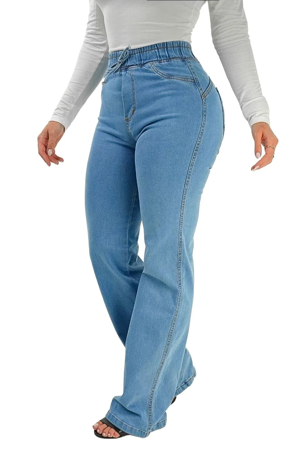 CALÇA JEANS FEMININA - WIDE LEG CINTURA ELÁSTICA PISCINE