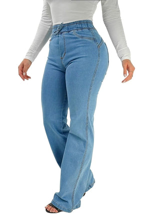 CALÇA JEANS FEMININA - WIDE LEG CINTURA ELÁSTICA PISCINE