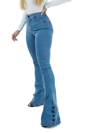CALÇA JEANS FEMININA - FLARE PISCINE BOTÕES FORRADOS