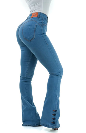 CALÇA JEANS FEMININA - FLARE PISCINE BOTÕES FORRADOS