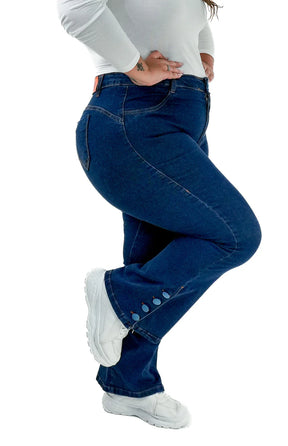 CALÇA JEANS PLUS SIZE - FLARE PARA BAIXINHAS BOTÕES FORRADOS