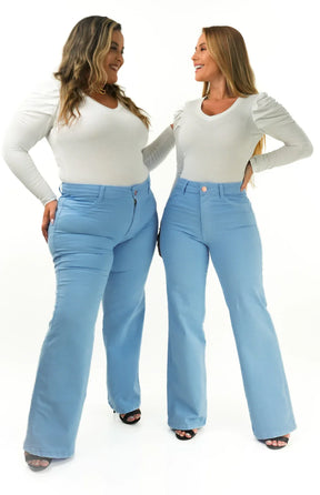 CALÇA JEANS FEMININA - WIDE LEG AZUL BEBÊ