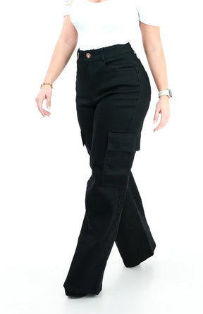 CALÇA JEANS FEMININA - WIDE LEG CARGO PRETA