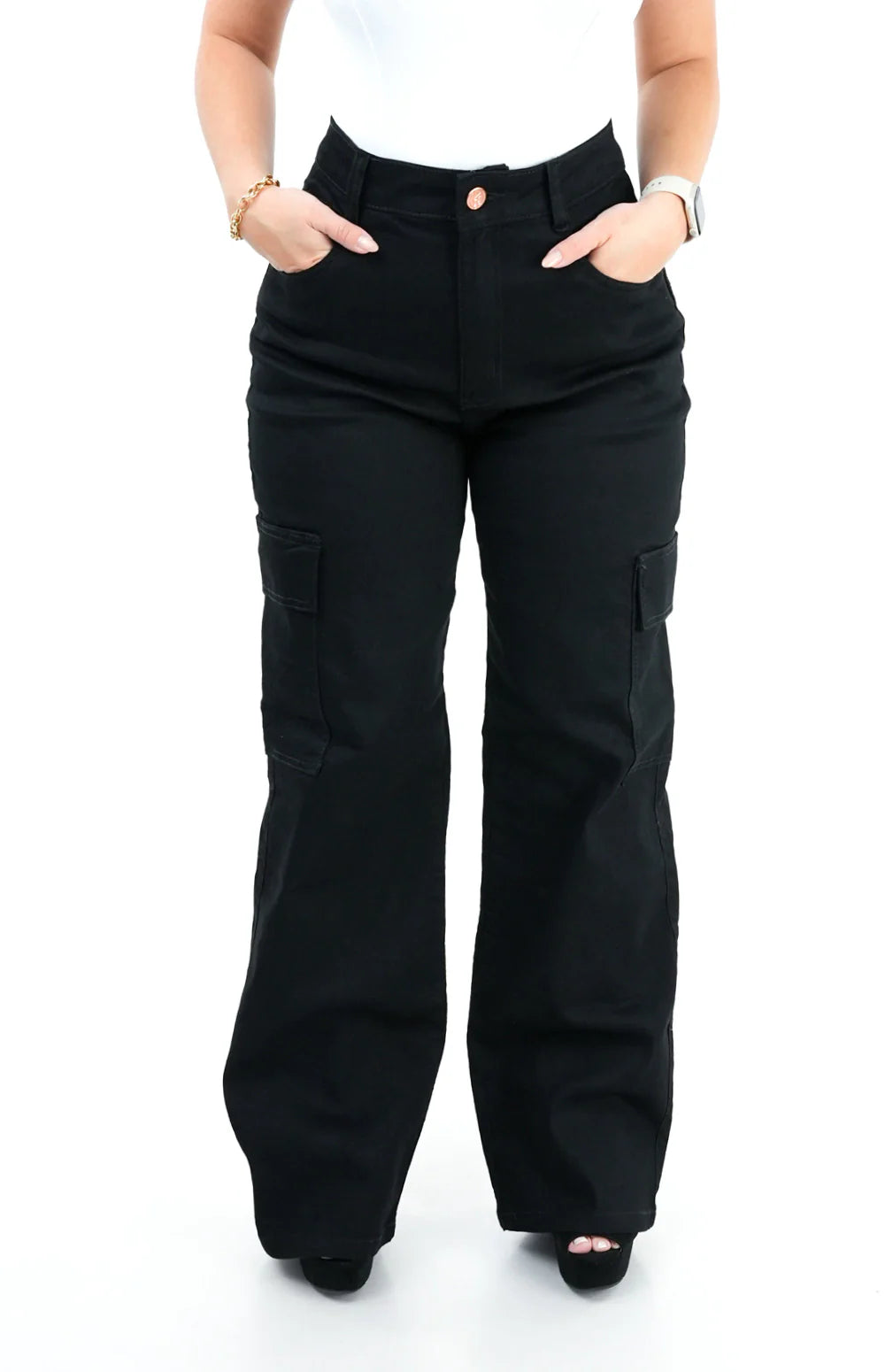 CALÇA JEANS FEMININA - WIDE LEG CARGO PRETA