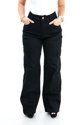 CALÇA JEANS FEMININA - WIDE LEG CARGO PRETA