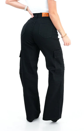 CALÇA JEANS FEMININA - WIDE LEG CARGO PRETA