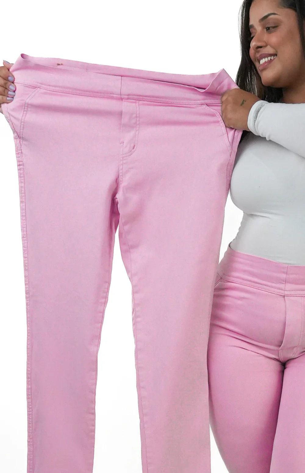 CALÇA JEANS PLUS SIZE - EXTREME POWER COMFY ROSA BEBÊ