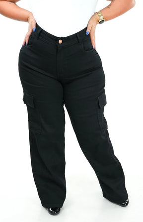 CALÇA JEANS FEMININA - WIDE LEG CARGO PRETA
