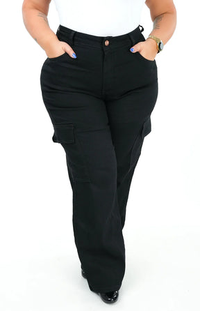 CALÇA JEANS FEMININA - WIDE LEG CARGO PRETA