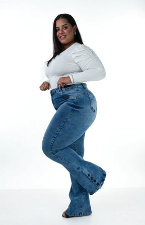 CALÇA JEANS FEMININA - FLARE LAZULLI BOTÕES FORRADOS