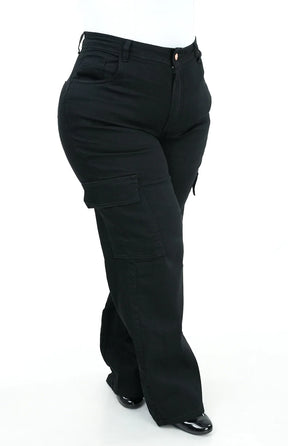 CALÇA JEANS FEMININA - WIDE LEG CARGO PRETA