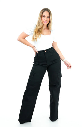 CALÇA JEANS FEMININA - WIDE LEG CARGO PRETA