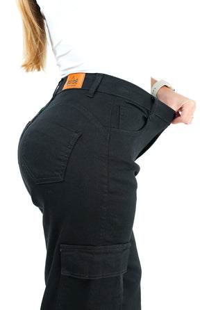 CALÇA JEANS FEMININA - WIDE LEG CARGO PRETA