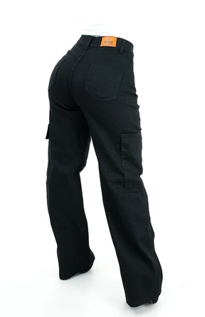 CALÇA JEANS FEMININA - WIDE LEG CARGO PRETA
