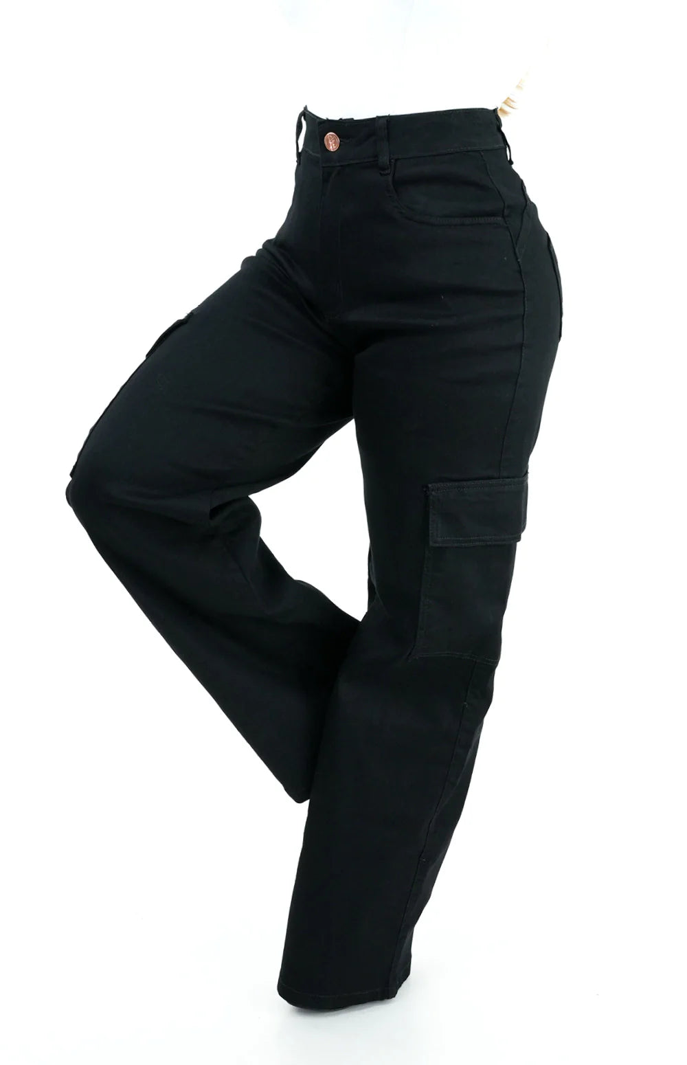 CALÇA JEANS FEMININA - WIDE LEG CARGO PRETA