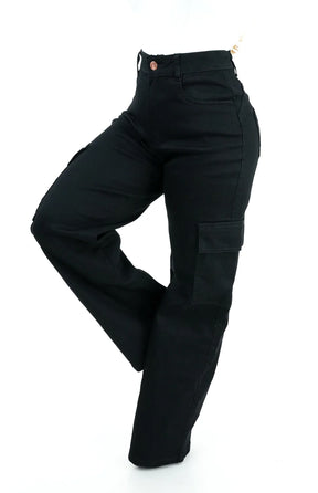 CALÇA JEANS FEMININA - WIDE LEG CARGO PRETA