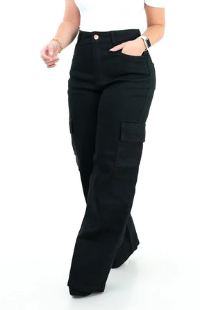 CALÇA JEANS FEMININA - WIDE LEG CARGO PRETA